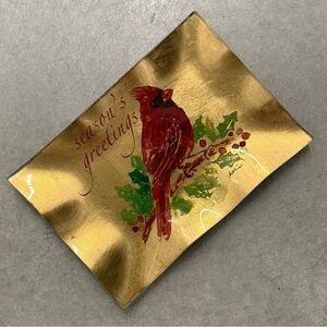 Glass “What Not” Tray with Cardinal and Gold  Metallic Background